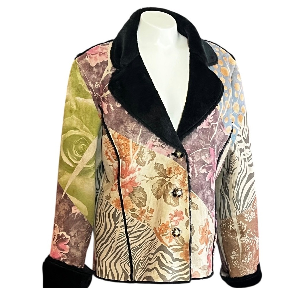 WEAVZ Patchwork Floral Zebra Print‎ Faux Fur Lined Jacket Size L